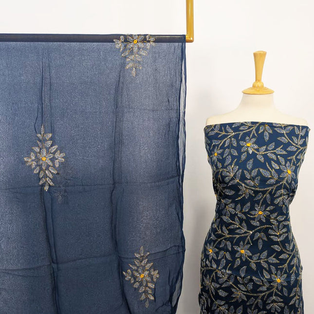 Handmade Kacha Tanka + Mirror Work Lawn with Chiffon Dupatta 3Pc