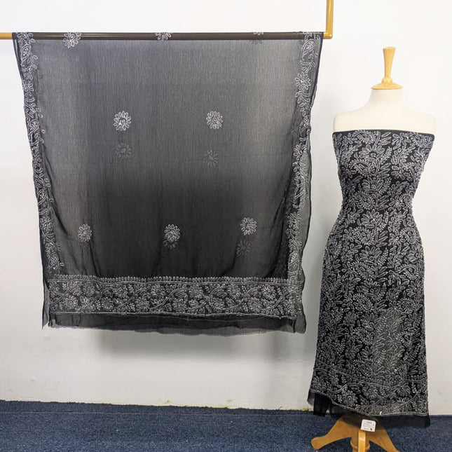 Handmade Full Jaal Chikankari Work Crinkle Chiffon Shirt Dupatta 2Pc Unstitched