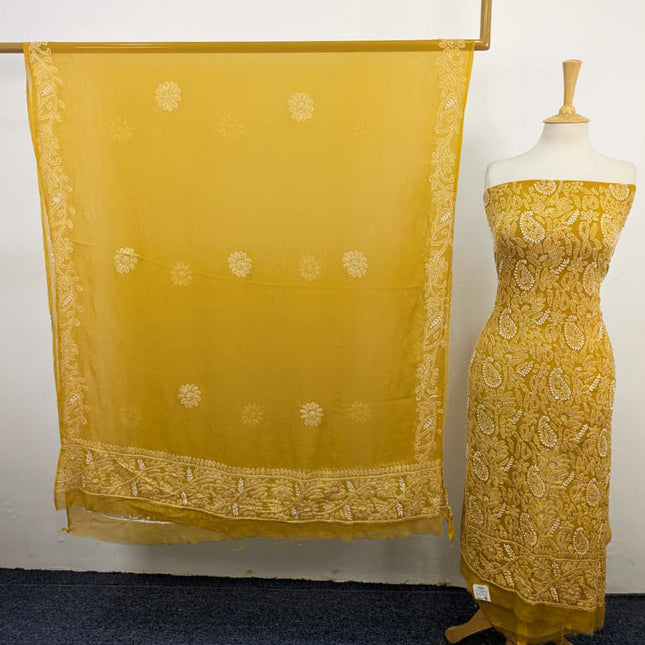 Handmade Full Jaal Chikankari Work Crinkle Chiffon Shirt Dupatta 2Pc Unstitched