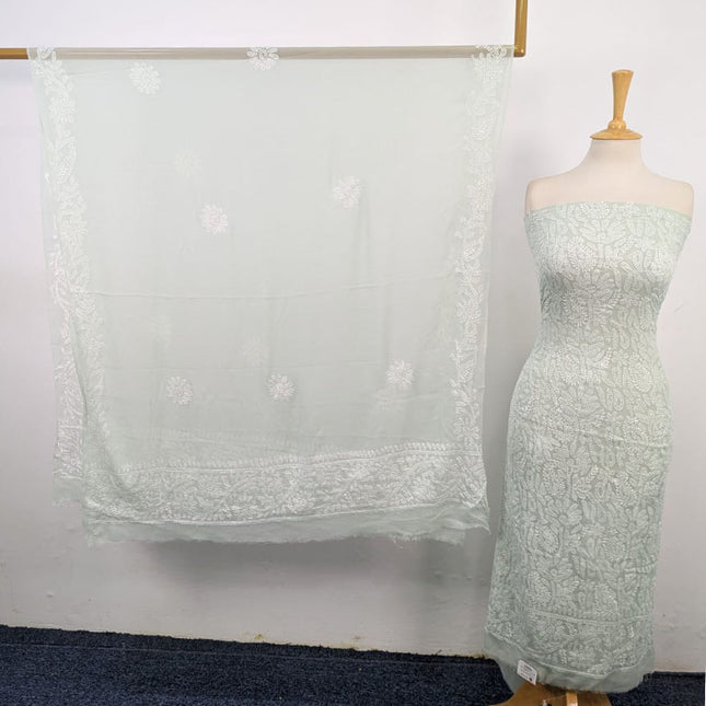 Handmade Full Jaal Chikankari Work Crinkle Chiffon Shirt Dupatta 2Pc Unstitched