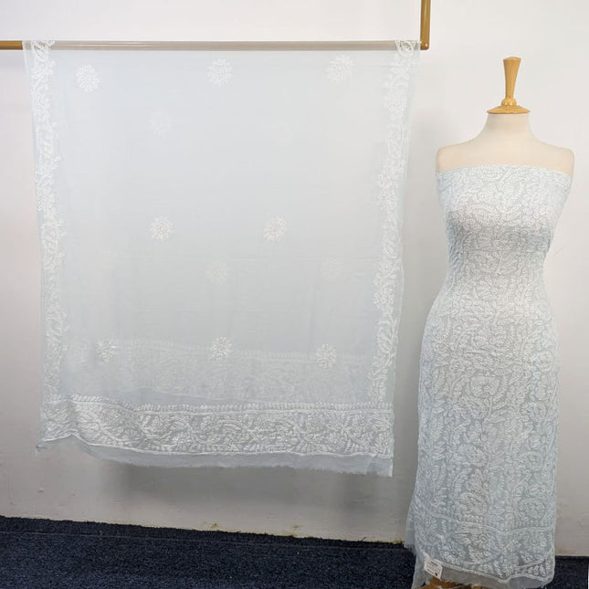 Handmade Full Jaal Chikankari Work Crinkle Chiffon Shirt Dupatta 2Pc Unstitched