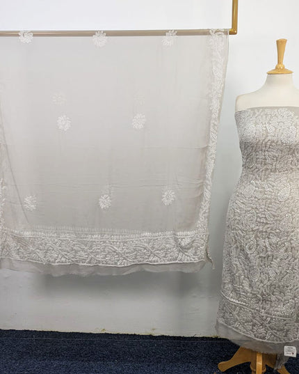 Handmade Full Jaal Chikankari Work Crinkle Chiffon Shirt Dupatta 2Pc Unstitched
