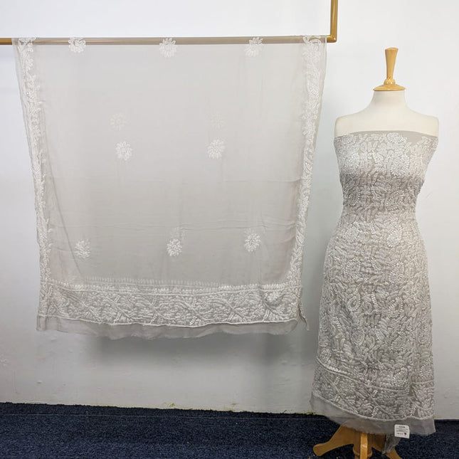Handmade Full Jaal Chikankari Work Crinkle Chiffon Shirt Dupatta 2Pc Unstitched