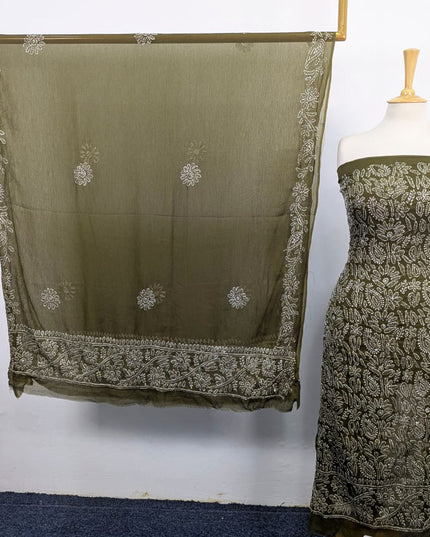 Handmade Full Jaal Chikankari Work Crinkle Chiffon Shirt Dupatta 2Pc Unstitched