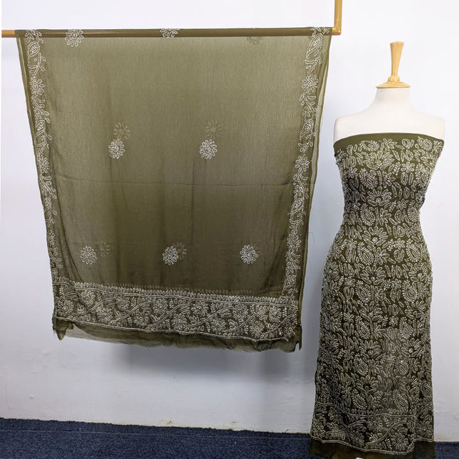 Handmade Full Jaal Chikankari Work Crinkle Chiffon Shirt Dupatta 2Pc Unstitched