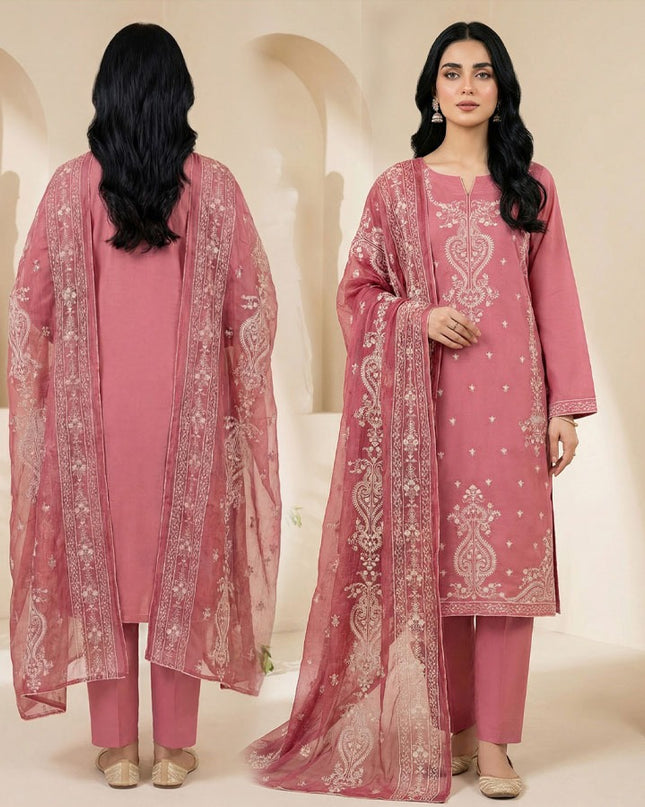 Fancy Embroidered Slub Doria Lawn with Crinkle Dupatta 3Pc - Parveen