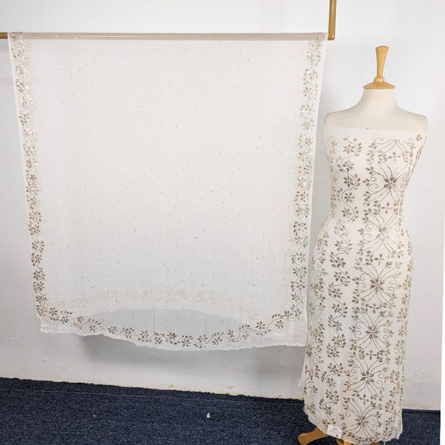 Fancy Handmade Full Jaal Golden Mukesh Work Pure China Crinkle 2Pc (Dyeable)
