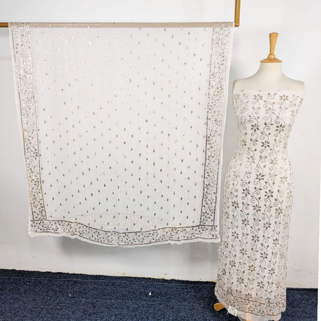 Pure China Crinkle with Handmade Full Jaal Golden Mukesh Work  2Pc (Dyeable)
