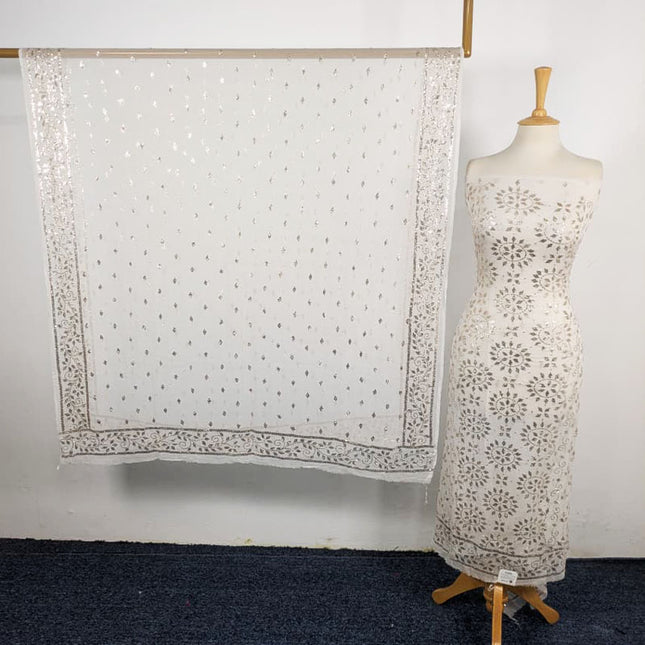 Fancy Handmade Full Jaal Golden Mukesh Work Pure China Crinkle 2Pc (Dyeable)