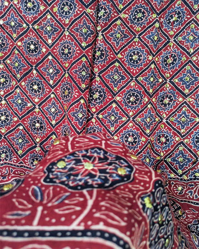 Fancy Pure Indian Gajji Silk with Block Print Work Dupatta