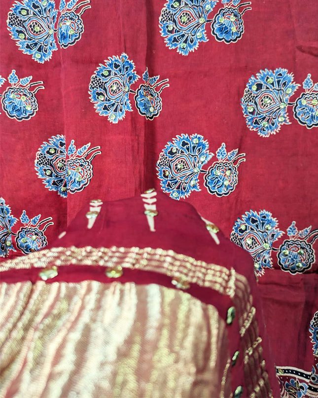 Premium Pure Indian Gajji Silk with Block Print Work Dupatta