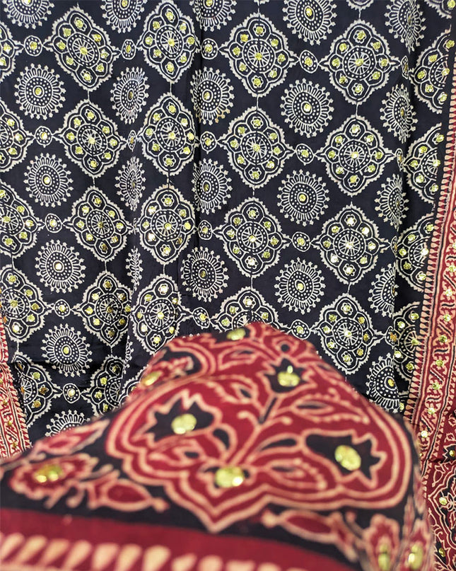 Handmade Mukesh + Printed Work Silk Dupatta (Ready To Wear)