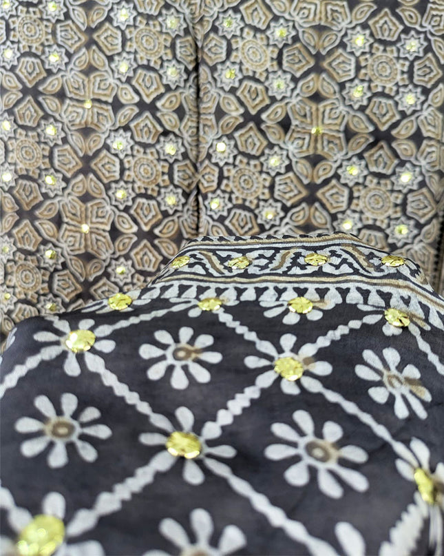 Premium Silk with Handmade Mukesh + Printed Work Dupatta