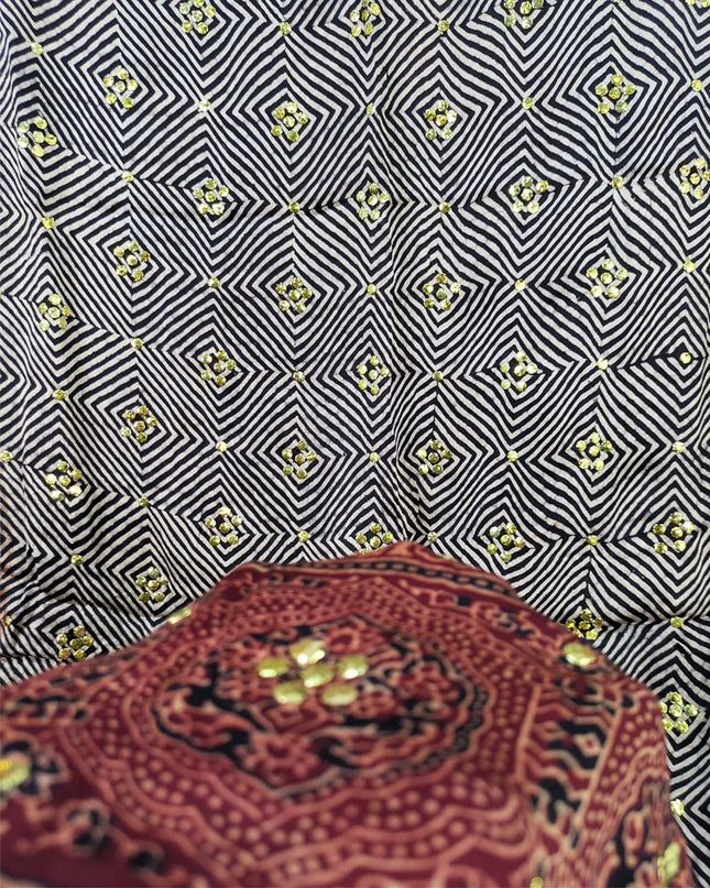 Fancy Silk with Handmade Mukesh + Printed Work Dupatta