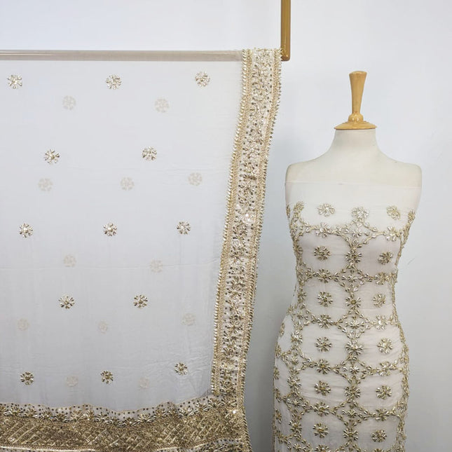 Handmade Golden Gotta + Sitara Work Pure China Crinkle 2Pc (Dyeable)