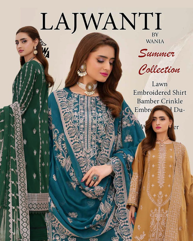 Fancy Embroidered Lawn with Bamber Crinkle Dupatta 3Pc - Wania (Lajwanti)
