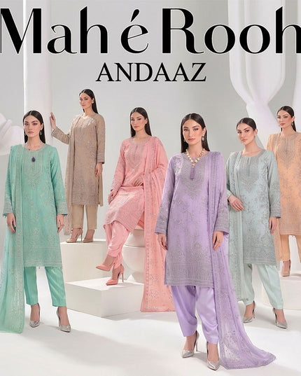 Embroidered Crinkle Chiffon with Fancy Crinkle Dupatta 3Pc - Mah e Rooh (Andaaz)