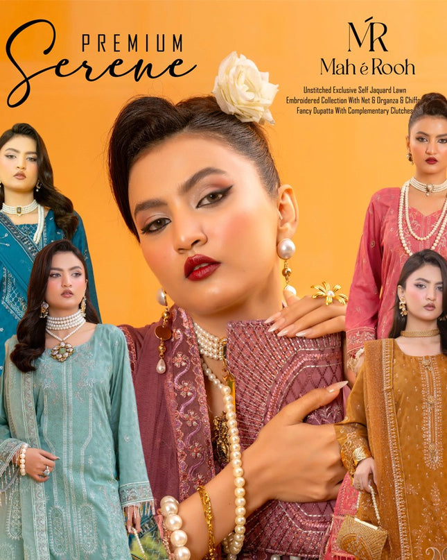 Embroidered Self Jaquard Lawn with Bamber Chiffon Dupatta - Mah e Rooh (Serene)