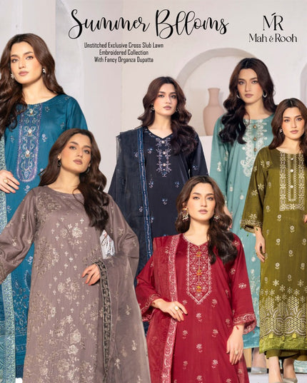 Embroidered Cross Slub Lawn with Organza Dupatta - Mah e Rooh