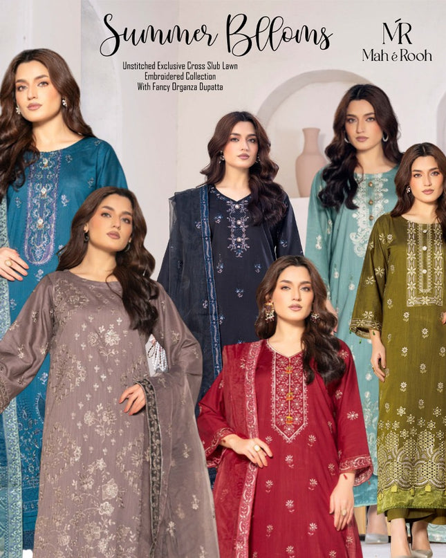 Embroidered Cross Slub Lawn with Organza Dupatta - Mah e Rooh