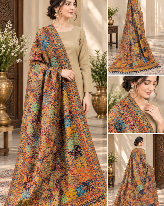 Fancy Geometric Mosaic Zari Pure Indian Kani Silk Shawl
