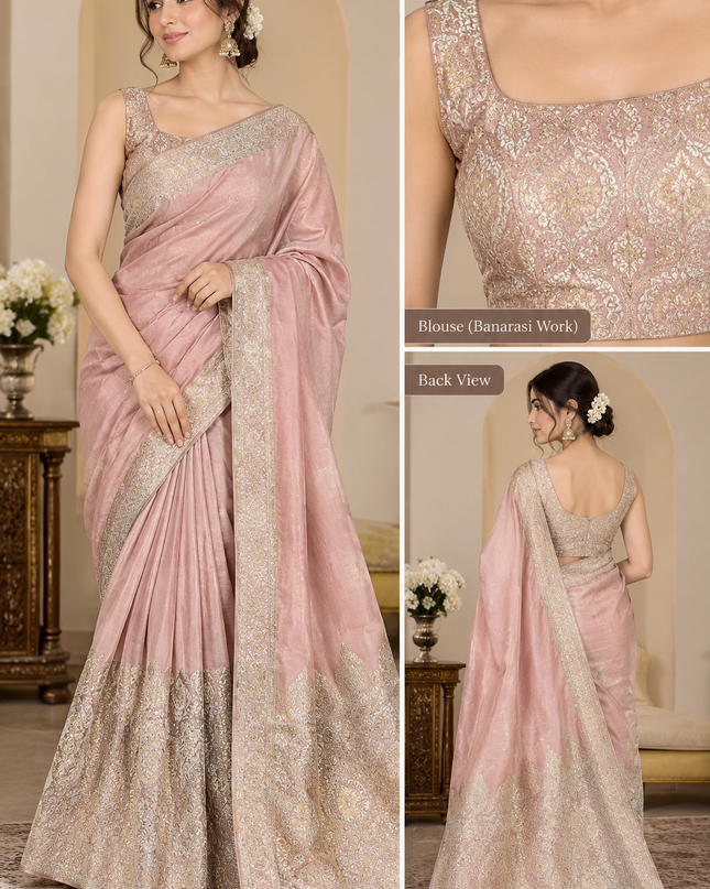 Indian Silk Banarasi Saree - Pink Peach Unstitched