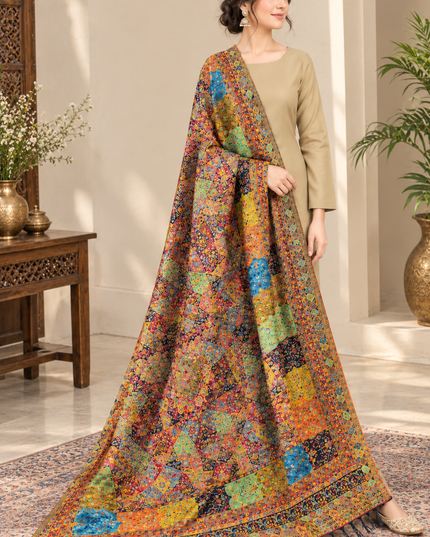 Fancy Geometric Mosaic Zari Pure Indian Kani Silk Shawl