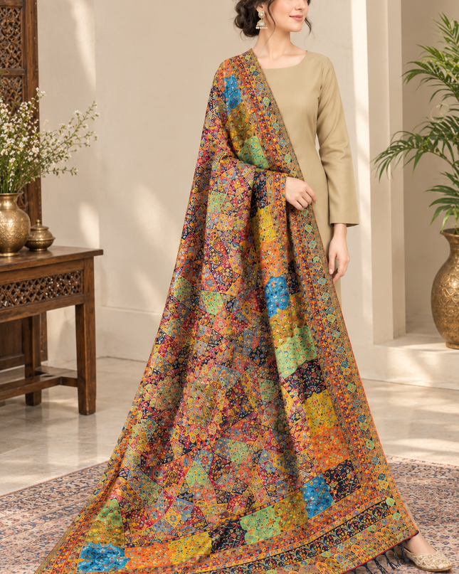 Fancy Geometric Mosaic Zari Pure Indian Kani Silk Shawl