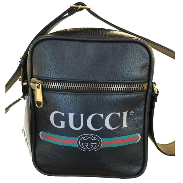 GUCCI Logo Grained Calfskin Leather Messenger Bag Black 574803