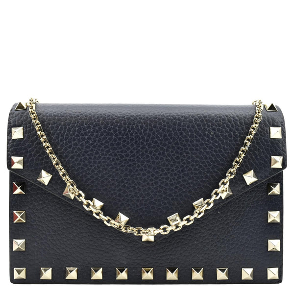 VALENTINO Garavani Rockstud Envelope Leather Chain Crossbody Bag Navy Blue