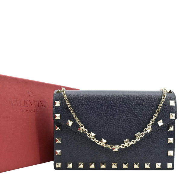 VALENTINO Garavani Rockstud Envelope Leather Chain Crossbody Bag Navy Blue