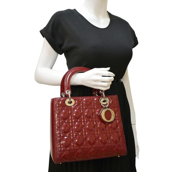 CHRISTIAN DIOR Medium Lady Dior Leather Shoulder Bag Red